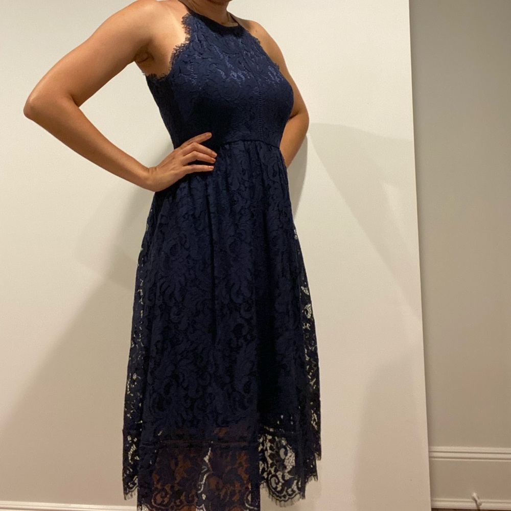 Eliza J navy lace halter fit and flare dress